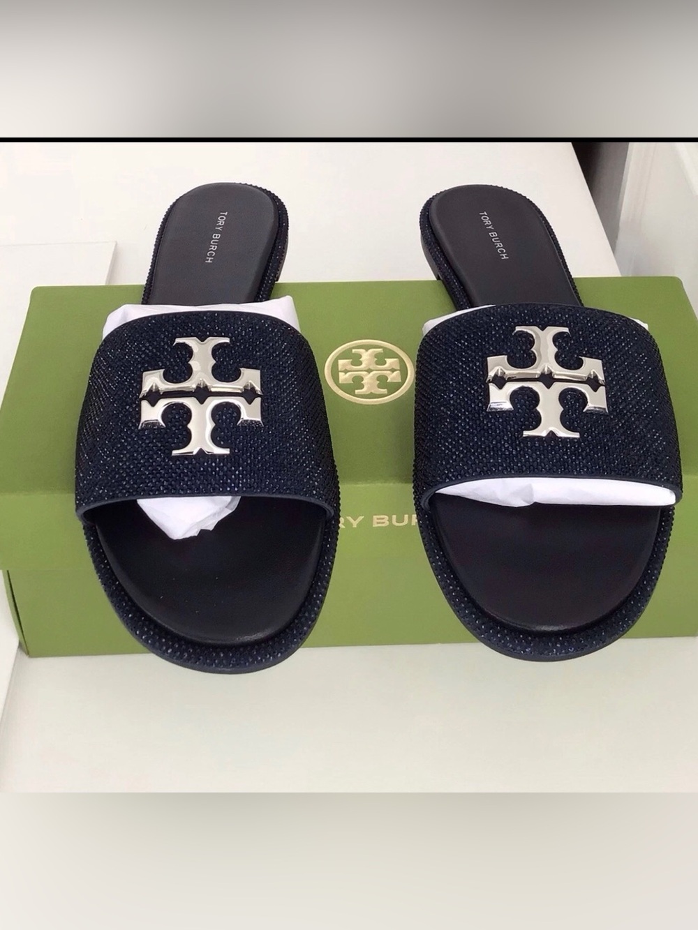 Tory Burch Everly Slide Leather Rhinestones Sandals-Navy New In Box - Picture 2 of 10